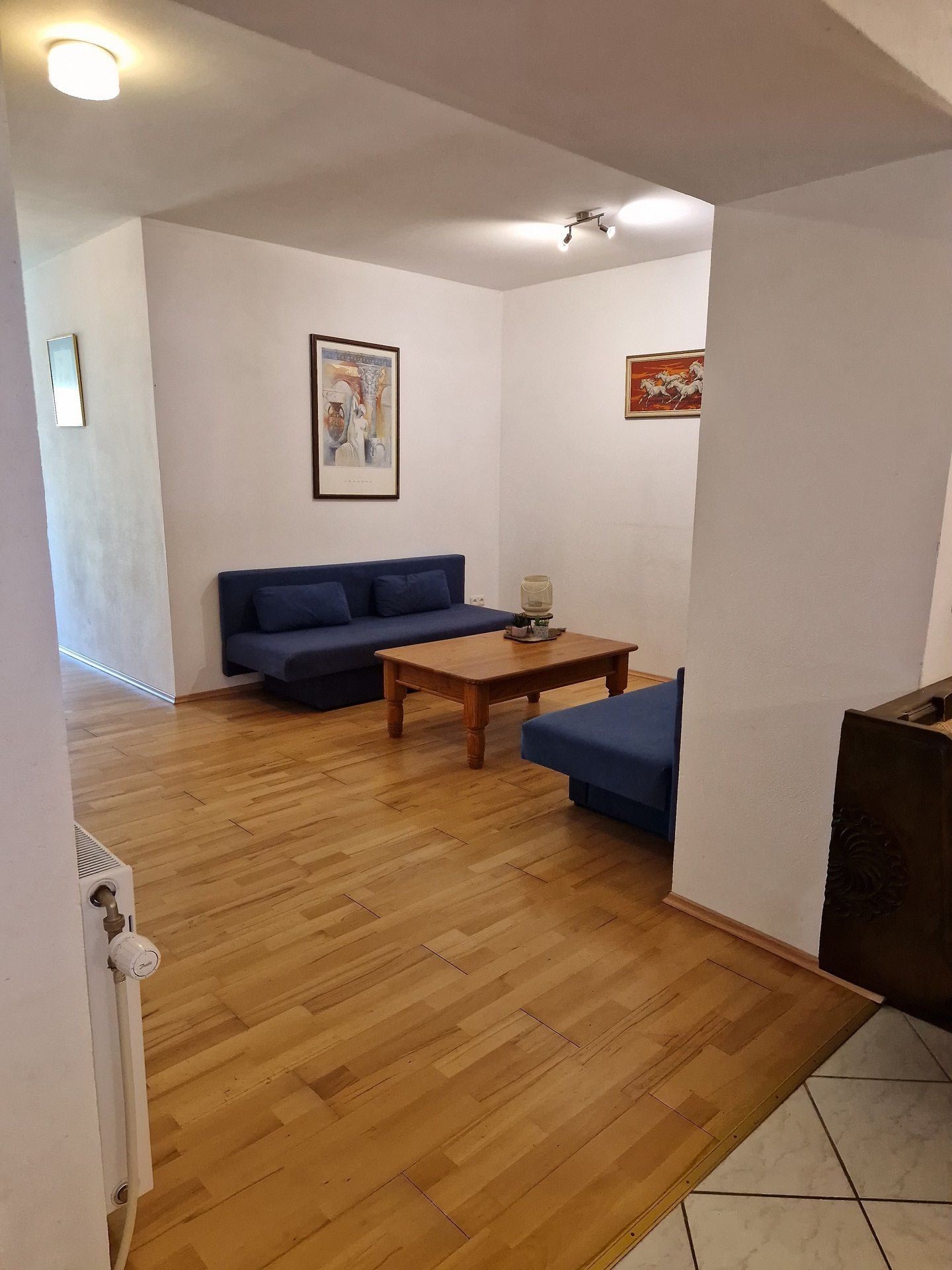 Zaunerhof Appartement 3 - Moderne woonkamer met blauwe banken
